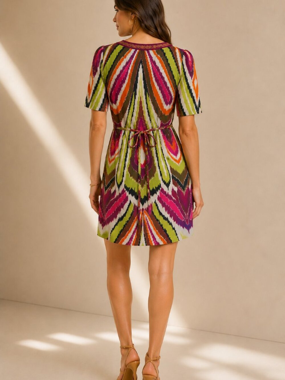 Trina Turk Los Angeles Silk Ikat Print Dress Multicolor Tie Waist Size 2 - Picture 2 of 6